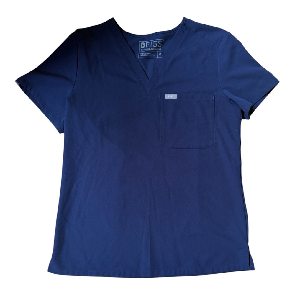 FIGS Technical Collection Navy Blue V-Neck Scrub Top Womens Size XS Chest Pocket
